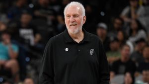 San Antonio Spurs head coach Gregg Popovich watches game action during the first half of an NBA basketball game against the Denver Nuggets, Monday, Nov. 7, 2022, in San Antonio. (Darren Abate/AP)