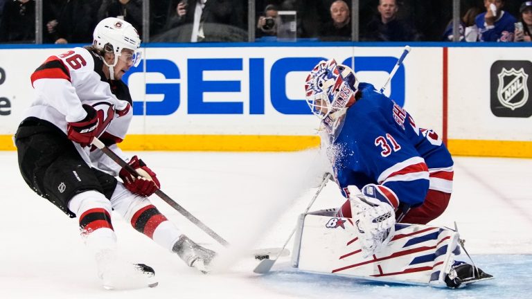 New Jersey Devils' Jack Hughes (86) shoots the puck past New York Rangers goaltender Igor Shesterkin (31) for a goal during the first period of Game 4 of an NHL hockey Stanley Cup first-round playoff series Monday, April 24, 2023, in New York. (Frank Franklin II/AP Photo)