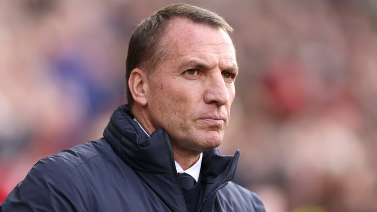 Leicester's manager Brendan Rodgers waits for the start of the English Premier League soccer match between Brentford and Leicester City at Brentford Community Stadium in Brentford, West London, Saturday, March 18, 2023. (Ian Walton/AP)