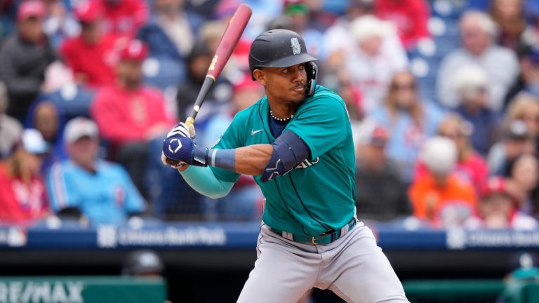 Seattle Mariners' Julio Rodriguez plays during a baseball game, Thursday, April 27, 2023, in Philadelphia. (Matt Slocum/AP)