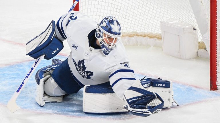 Toronto Maple Leafs goaltender Ilya Samsonov during an NHL hockey game against the Montreal Canadiens in Montreal, Saturday, January 21, 2023. (Graham Hughes/CP)