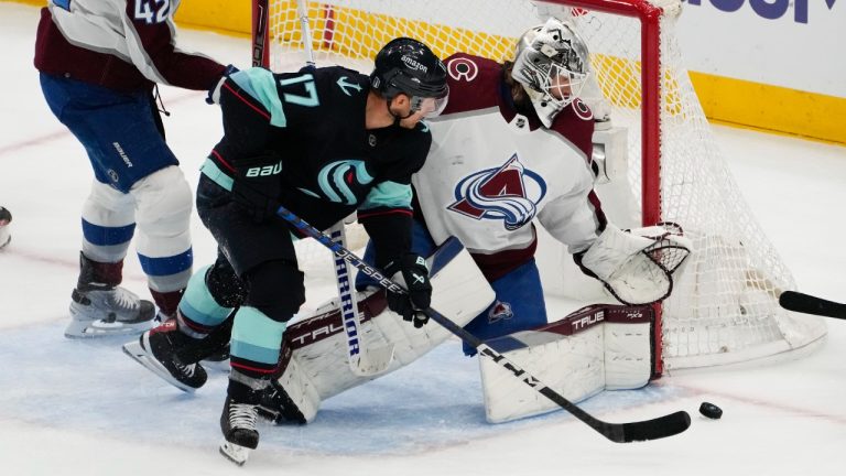 Seattle Kraken center Jaden Schwartz (17) almost puts the puck past Colorado Avalanche goaltender Alexandar Georgiev (40) during the third period of Game 4 of an NHL hockey Stanley Cup first-round playoff series Monday, April 24, 2023, in Seattle. (Lindsey Wasson/AP)