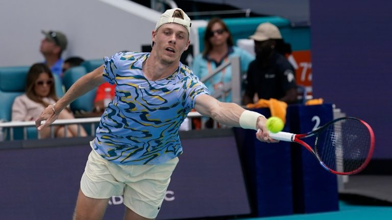 Denis Shapovalov of Canada returns to Taylor Fritz during the Miami Open tennis tournament, Sunday, March 26, 2023, in Miami Gardens, Fla. (Marta Lavandier/AP)