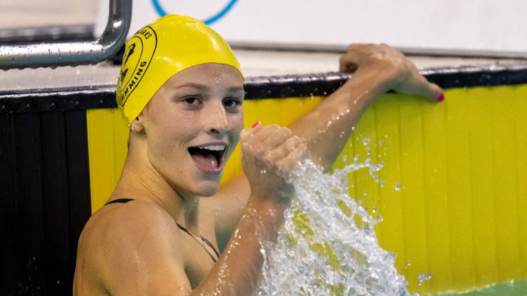 Summer McIntosh celebrates her World Record performance in the women's 400-metre Individual Medley at the Canadian swimming trials in Toronto on Saturday, April 1, 2023. (CP)