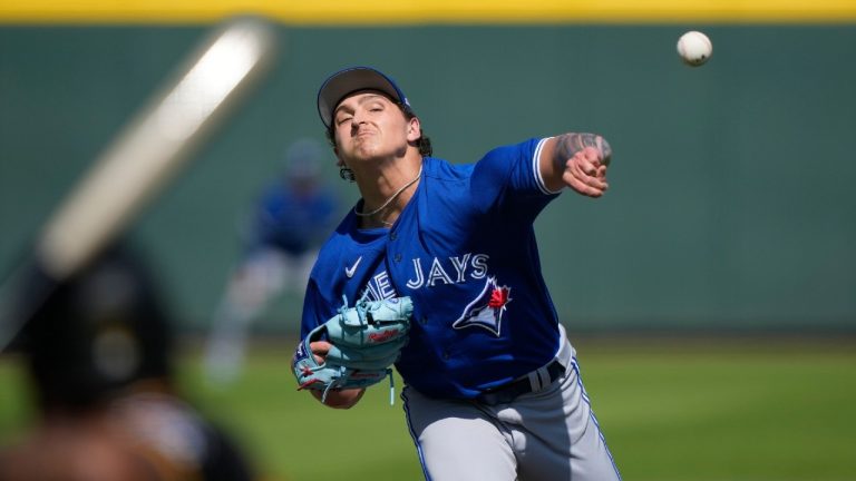 Toronto Blue Jays pitcher Ricky Tiedemann throws in the fifth inning of a spring training baseball game against the Pittsburgh Pirates in Bradenton, Fla., Tuesday, March 7, 2023. (Gerald Herbert/AP)