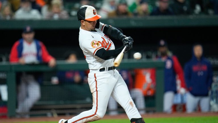 Baltimore Orioles' Ramon Urias connects for a single against the Boston Red Sox during the eighth inning of a baseball game, Monday, April 24, 2023, in Baltimore, Md. The Orioles won 5-4. (Julio Cortez/AP)