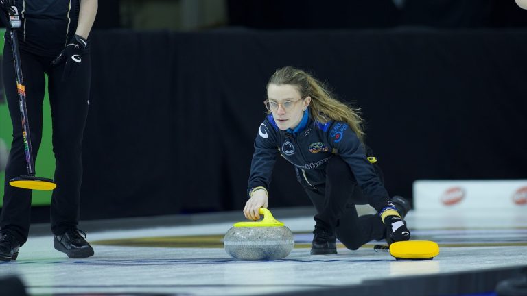 Isabella Wranå delivers a rock during the third draw of action at the Princess Auto Players' Championship on Tuesday, April 11, 2023, in Toronto. (Anil Mungal/GSOC)