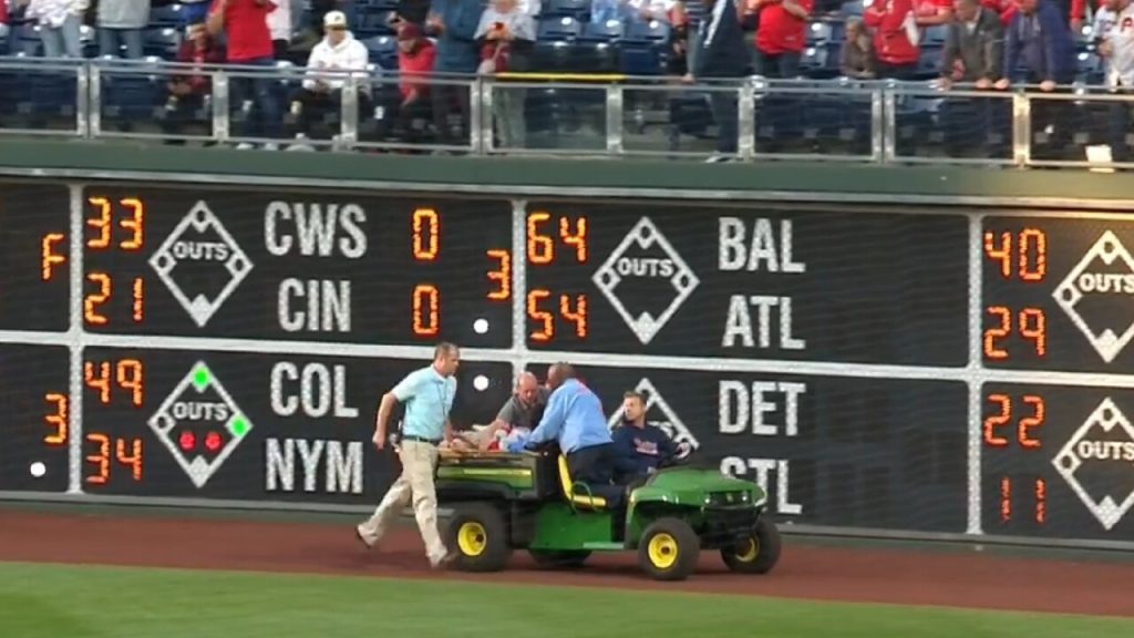 Phillies fan stretchered off after falling from railing into bullpen