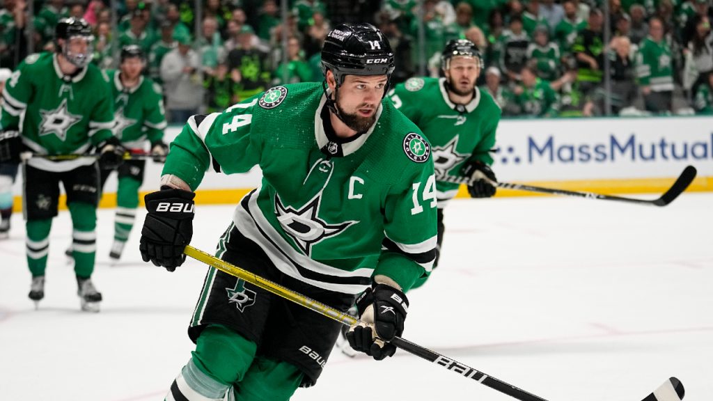 Jamie Benn of the Dallas Stars prepares to take on the Winnipeg