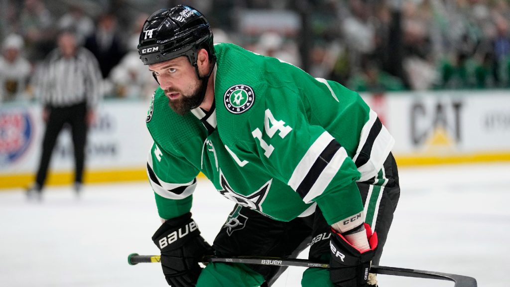 Jamie Benn of the Dallas Stars prepares to take on the Winnipeg Jets