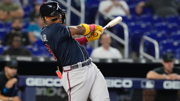 Atlanta Braves Ronald Acuna Jr. (13) hits a single to center field during the second inning of a baseball game against the Miami Marlins, Thursday, May 4, 2023, in Miami. (AP)