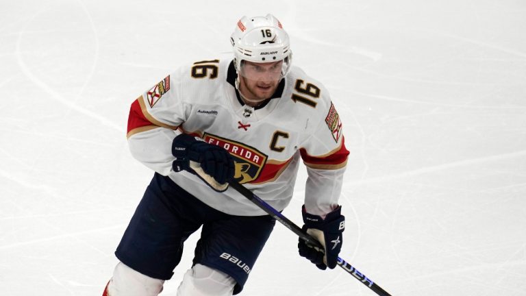 Florida Panthers center Aleksander Barkov (16) during Game 5 in the first round of the NHL hockey playoffs, Wednesday, April 26, 2023, in Boston. (Charles Krupa/AP)