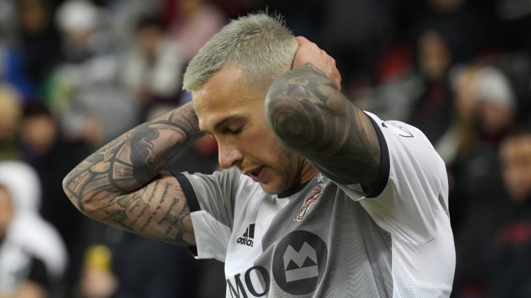 Toronto FC's Federico Bernardeschi reacts after missing a goal scoring opportunity against the New York Red Bulls during second half MLS action in Toronto on Wednesday, May 17, 2023. (Chris Young/CP)