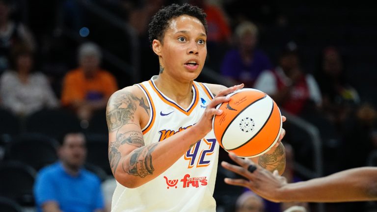 Phoenix Mercury centre Brittney Griner (42) shoots against the Los Angeles Sparks during the first half of a WNBA preseason basketball game, Friday, May 12, 2023, in Phoenix. (Matt York/AP)