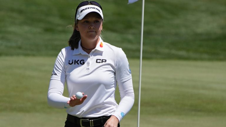 Brooke Henderson reacts after making a putt on the ninth green during the first day of round-robin play in the LPGA Bank of Hope Match Play golf tournament Wednesday, May 24, 2023, in North Las Vegas, Nev. (John Locher/AP)