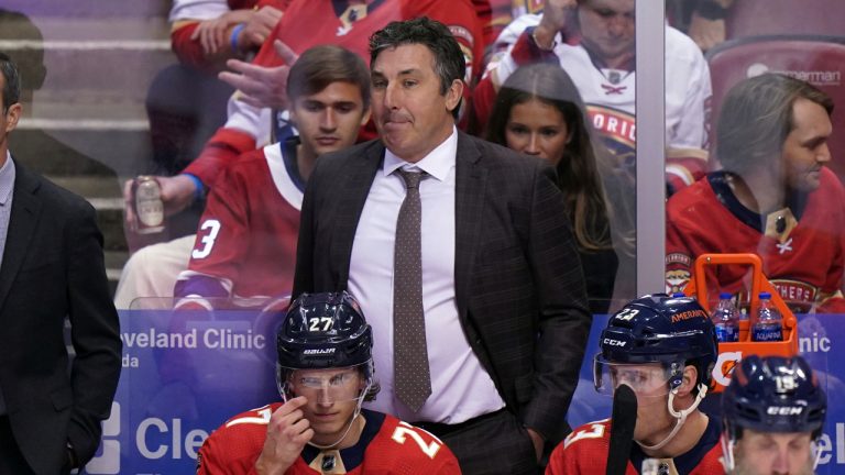 Florida Panthers interim head coach Andrew Brunette looks on during the third period of an NHL hockey game against the Montreal Canadiens Tuesday, March 29, 2022, in Sunrise, Fla. (Jim Rassol/AP)