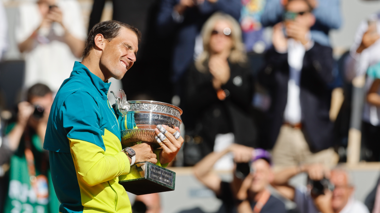 Spain's Rafael Nadal celebrates with the cup after defeating Norway's Casper Ruud in their final match of the French Open tennis tournament at the Roland Garros stadium Sunday, June 5, 2022 in Paris. Nadal won 6-3, 6-3, 6-0. (AP Photo/Jean-Francois Badias)