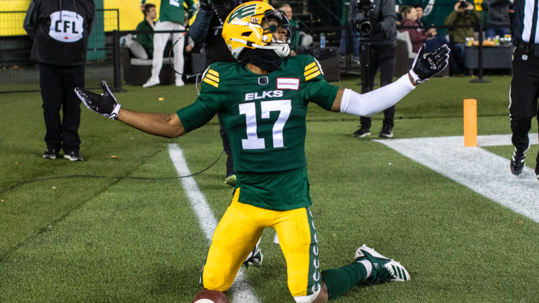 Edmonton Elks' Dillon Mitchell (17) celebrates the touchdown against the B.C. Lions during first half CFL action in Edmonton, Alta., on Friday October 21, 2022. THE CANADIAN PRESS/Jason Franson.