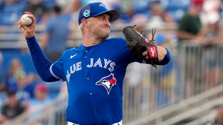 Toronto Blue Jays relief pitcher Trevor Richards delivers to the Minnesota Twins during the sixth inning of a spring training baseball game Wednesday, March 8, 2023, in Dunedin, Fla. (AP)