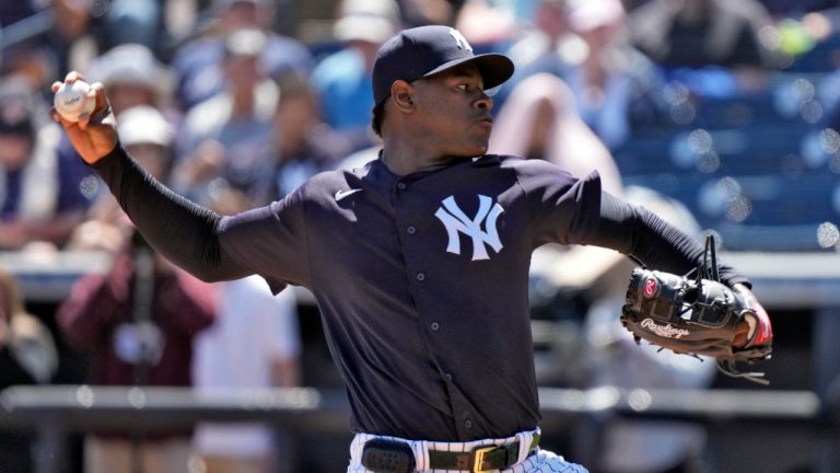 New York Yankees pitcher Luis Severino delivers to the Detroit Tigers during the first inning of a spring training baseball game Tuesday, March 21, 2023, in Tampa, Fla. (Chris O'Meara/AP) 