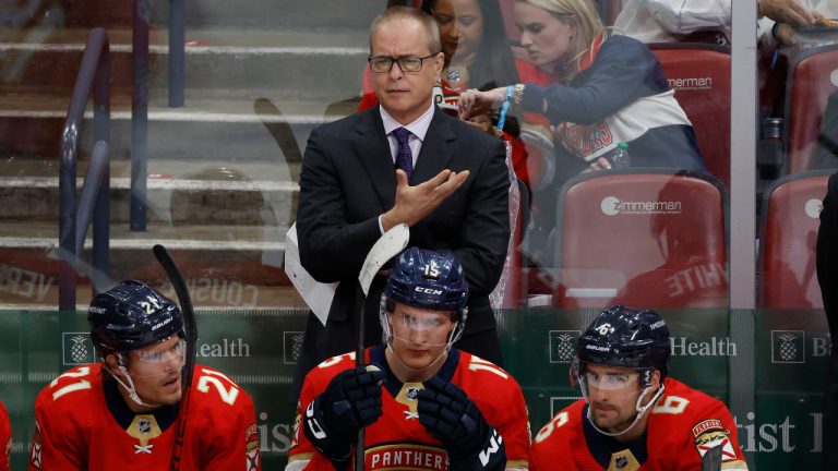 Florida Panthers head coach Paul Maurice, top, reacts during the second period of an NHL hockey game against the New York Ranger, Saturday, March 25, 2023, in Sunrise, Fla. (Rhona Wise/AP) 