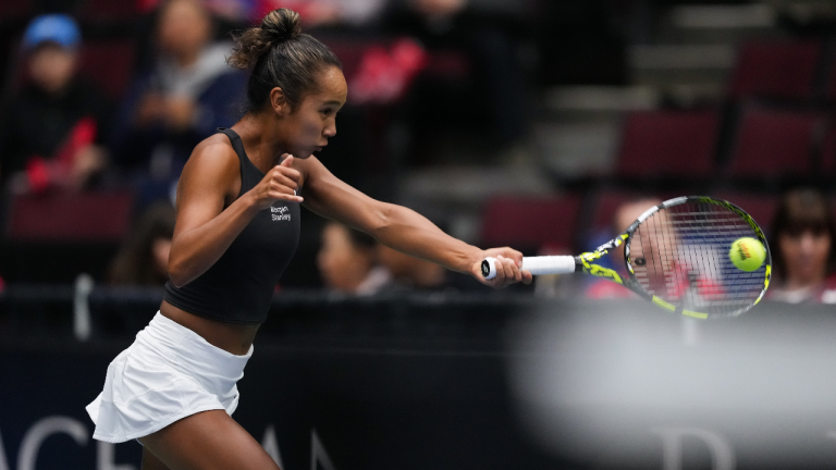 Canada's Leylah Fernandez returns to Belgium's Ysaline Bonaventure during a Billie Jean King Cup qualifiers singles match, in Vancouver, on Saturday, April 15, 2023. THE CANADIAN PRESS/Darryl Dyck