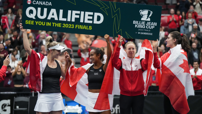 Canada's Gabriela Dabrowski, from left to right, Leylah Fernandez, Katherine Sebov and Rebecca Marino celebrate after Dabrowski and Fernandez defeated Belgium's Kirsten Flipkens and Greet Minnen during a Billie Jean King Cup qualifiers doubles match, in Vancouver, on Saturday, April 15, 2023. Canada won three of the five matches to win the qualifying tie and advance to the 2023 Billie Jean King Cup finals. THE CANADIAN PRESS/Darryl Dyck