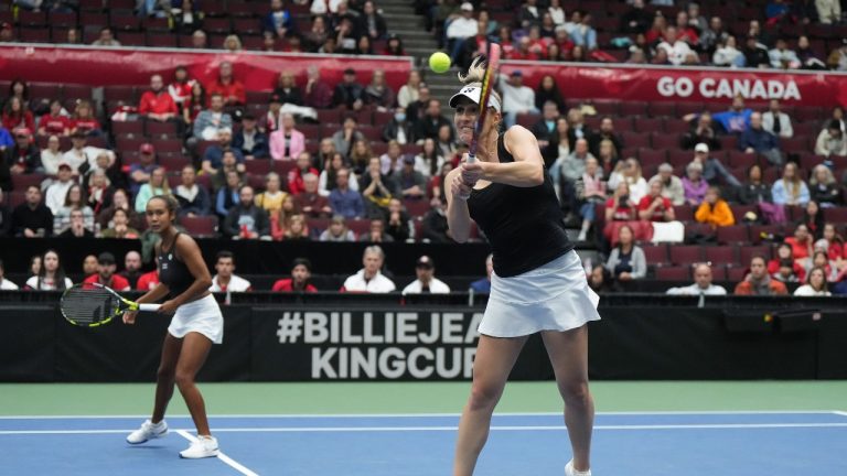 Canada's Gabriela Dabrowski, returns as she and Leylah Fernandez play Belgium's Kirsten Flipkens and Greet Minnen during a Billie Jean King Cup qualifiers doubles match, in Vancouver, on Saturday, April 15, 2023. THE CANADIAN PRESS/Darryl Dyck