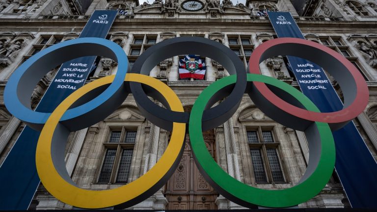 The Olympic rings are seen in front of the Paris City Hall, in Paris, Sunday, April 30, 2023. The 2024 Olympic Games will take place from July 26 to Aug.11, 2024 in Paris an other venues. (Aurelien Morissard/AP)