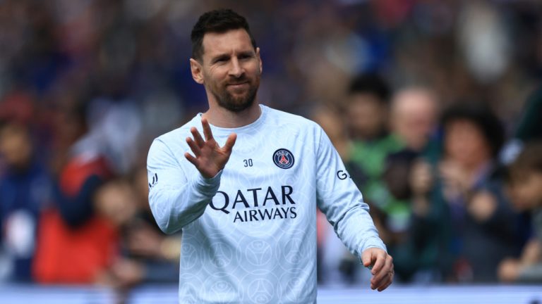 Lionel Messi wearing the Qatar Airways-adorned jersey of Paris Saint-Germain in Sunday, April 30, 2023. (Aurelien Morissard/AP) 