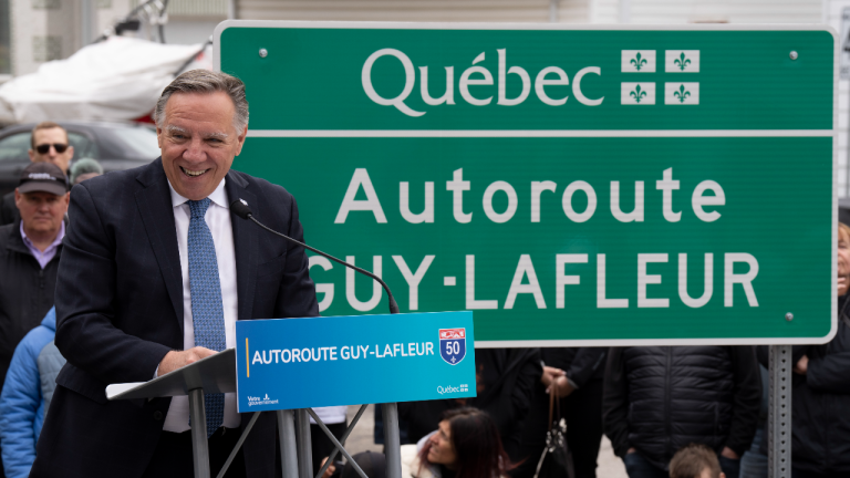 Quebec Premier Francois Legault announces Highway 50 will be named after hockey legend Guy Lafleur during an official ceremony, Thursday, May 4, 2023 in Thurso, Que. (CP)