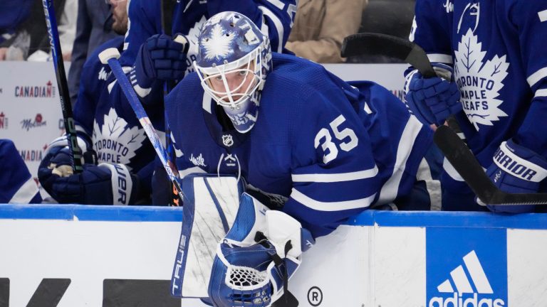 Toronto Maple Leafs goaltender Ilya Samsonov (35) watches the last minutes of the game from the bench pulled for the extra skater against the Florida Panthers during third period NHL second round playoff hockey action in Toronto on Thursday May 4, 2023. (Frank Gunn/CP)