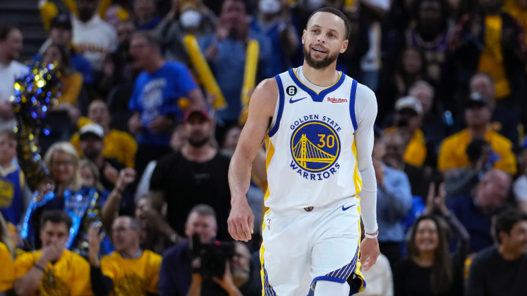 Golden State Warriors guard Stephen Curry walks up the court during the second half of Game 5 of the team's NBA basketball second-round playoff series against the Los Angeles Lakers on Wednesday, May 10, 2023, in San Francisco. (AP Photo/Godofredo A. Vásquez)