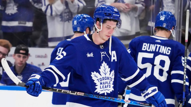 Toronto Maple Leafs forward Mitchell Marner (16) reacts after losing to the Florida Panthers in overtime NHL second round Stanley Cup playoff hockey action in Toronto, on Friday, May 12, 2023. Frank Gunn/THE CANADIAN PRESS