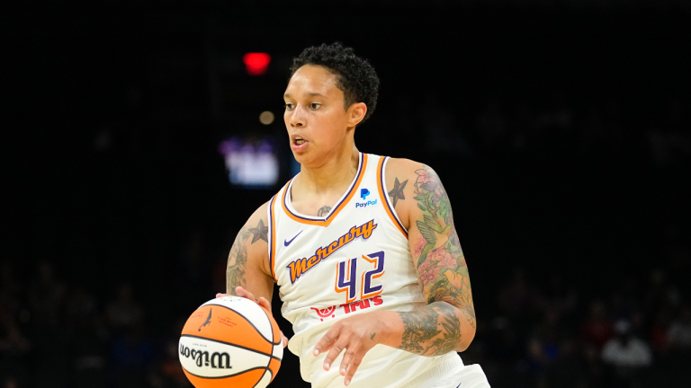 Phoenix Mercury center Brittney Griner (42) drives during the first half of a WNBA preseason basketball game against the Los Angeles Sparks, Friday, May 12, 2023, in Phoenix. (AP Photo/Matt York)