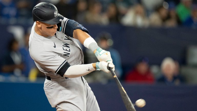 New York Yankees Aaron Judge hits his second homer of the game during 8th inning AL action against the Toronto Blue Jays in Toronto on Monday May 15, 2023 (Frank Gunn/CP 