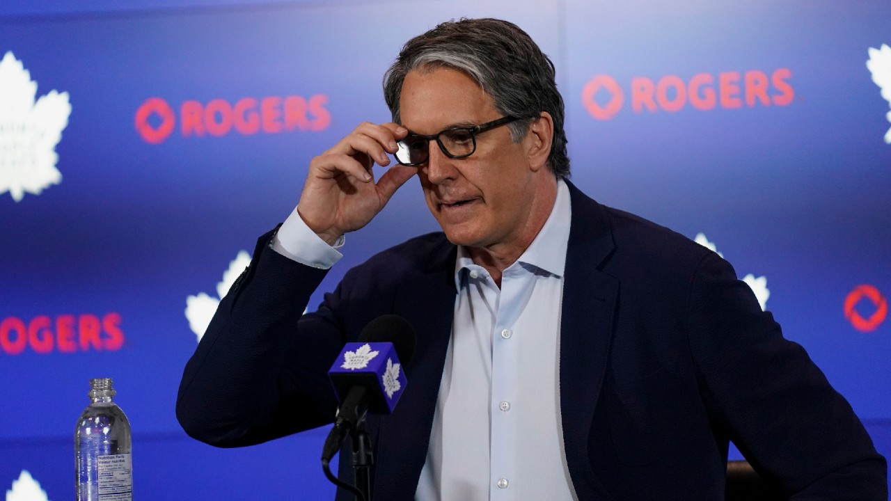 Brendan Shanahan, President and Alternate Governor of the Toronto Maple Leafs speaks to the media during a press conference in Toronto on Friday, May 19, 2023. It was announced Friday that Kyle Dubas will not return as general manager of the Toronto Maple Leafs. Arlyn McAdorey/THE CANADIAN PRESS