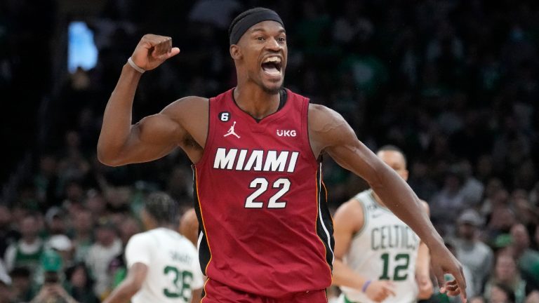 Miami Heat forward Jimmy Butler reacts after scoring against the Boston Celtics during the second half of Game 2 of the NBA basketball playoffs Eastern Conference finals in Boston, Friday, May 19, 2023. (Charles Krupa/AP) 