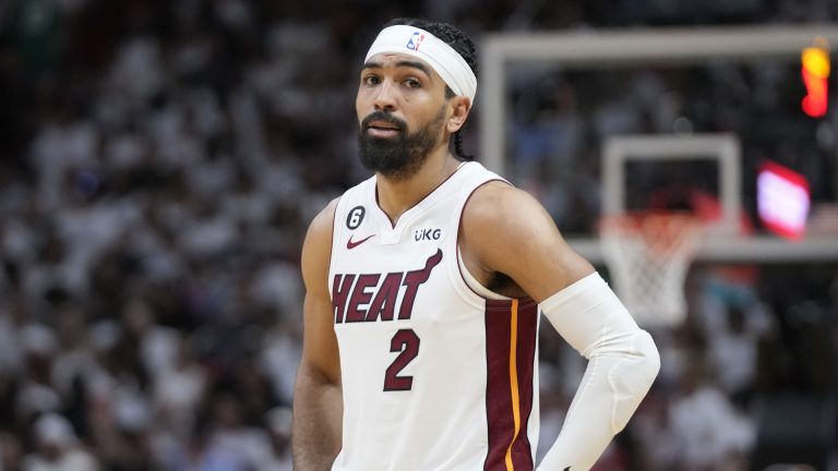 Miami Heat guard Gabe Vincent (2) stands on the court during Game 3 of the NBA basketball playoffs Eastern Conference finals against the Boston Celtics, Sunday, May 21, 2023, in Miami. (Wilfredo Lee/AP)