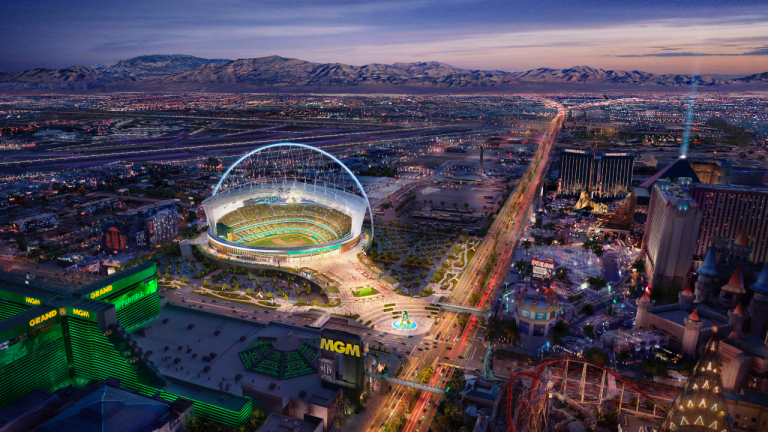 In this rendering released by the Oakland Athletics, Friday, May 26, 2023, is a view of their proposed new ballpark at the Tropicana site in Las Vegas. (Oakland Athletics via AP)