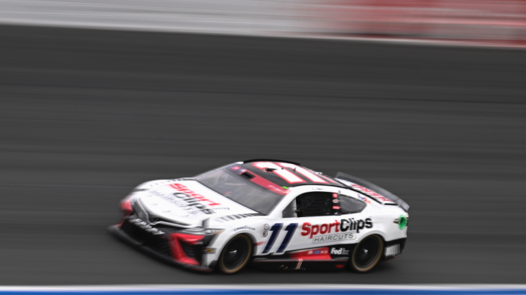 Denny Hamlin (11) competes during a NASCAR Cup Series auto race at Charlotte Motor Speedway, Monday, May 29, 2023, in Concord, N.C. (AP Photo/Matt Kelley)