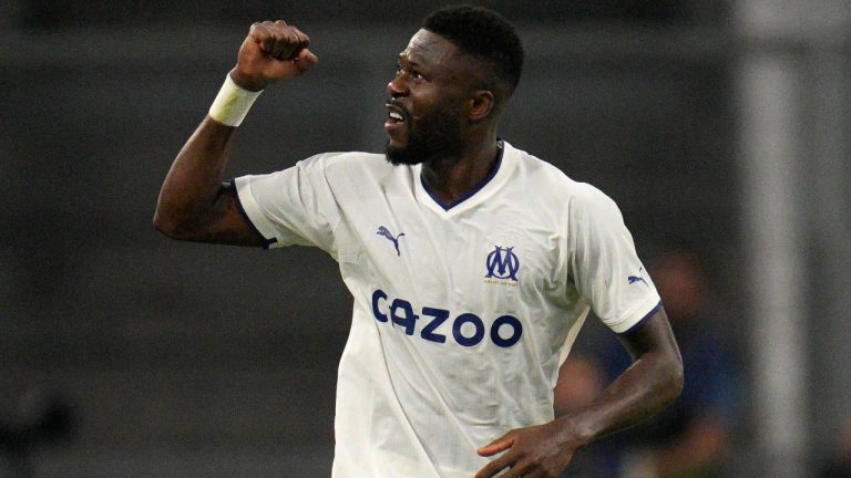 Marseille's Chancel Mbemba celebrates after scoring the opening goal during the Champions League Group D soccer match between Marseille and Tottenham Hotspur at the Stade Velodrome in Marseille, France, Tuesday, Nov. 1, 2022. (Daniel Cole/AP) 