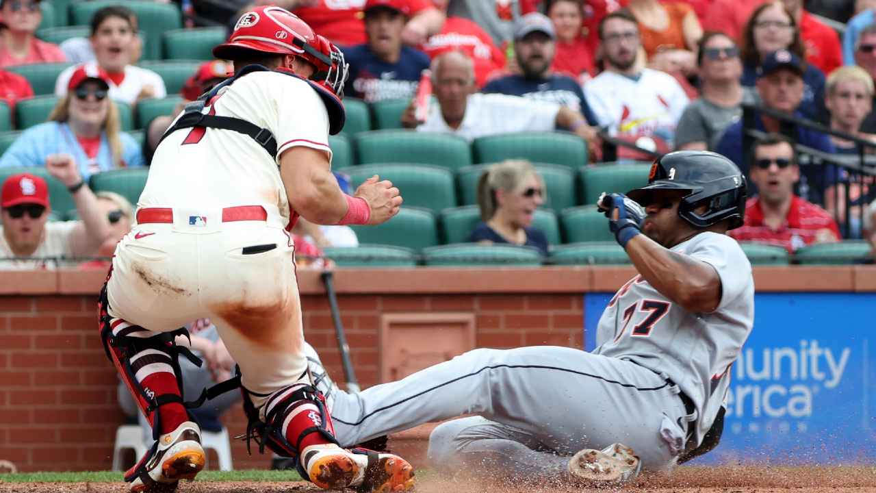 Akil Baddoo of the Detroit Tigers breaks out of the batter's box on a