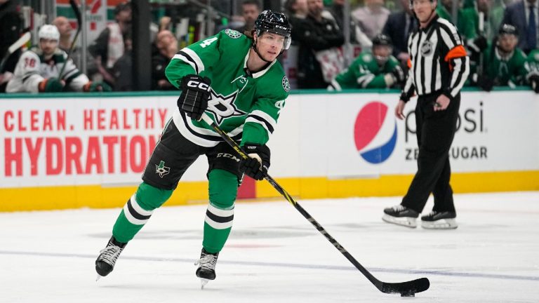 Dallas Stars defenseman Miro Heiskanen makes a pass during Game 5 of an NHL hockey Stanley Cup first-round playoff series against the Minnesota Wild, Tuesday, April 25, 2023, in Dallas. (Tony Gutierrez/AP)