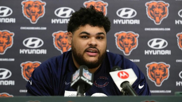 Chicago Bears offensive line Darnell Wright, picked 10th overall at the 2023 NFL Draft, speaks at a news conference during the NFL football team's rookie minicamp at Halas Hall in Lake Forest, Ill., Friday, May 5, 2023. (Nam Y. Huh/AP)