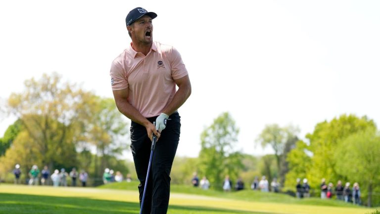 Bryson DeChambeau reacts to his shot on the 17th hole during the first round of the PGA Championship golf tournament at Oak Hill Country Club on Thursday, May 18, 2023, in Pittsford, N.Y. (Seth Wenig/AP Photo)