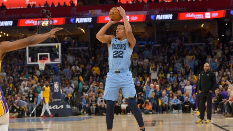 Memphis Grizzlies guard Desmond Bane (22) shoots during the first half of Game 5 in a first-round NBA basketball playoff series against the Los Angeles Lakers Wednesday, April 26, 2023, in Memphis, Tenn. (Brandon Dill/AP)