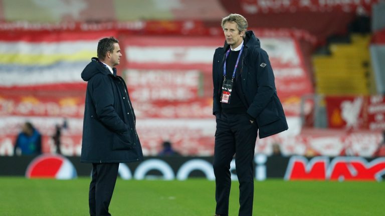 Ajax directors Marc Overmars and Edwin van der Sar stroll out onto the pitch during the UEFA Champions League match at Anfield, Liverpool. Picture date: 1st December 2020. Picture credit should read: Darren Staples/Sportimage via PA Images