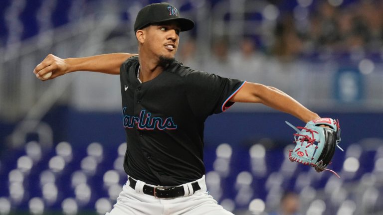 Miami Marlins starting pitcher Eury Perez aims a pitch during the first inning of a baseball game against the Washington Nationals, Thursday, May 18, 2023, in Miami. (Marta Lavandier/AP)