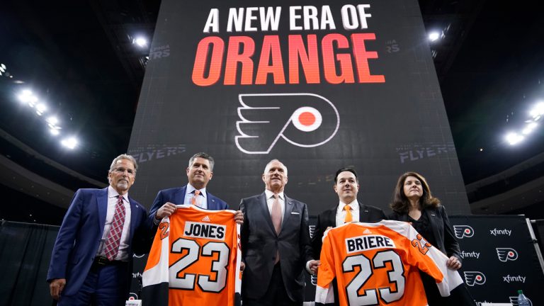 Philadelphia Flyers Head Coach John Tortorella, from left, Keith Jones, President of Hockey Operations, Dan Hilferty, Comcast Spectacor Chairman &amp; CEO and Governor of the Flyers, Daniel Briere, Flyers' General Manager, and Valerie Camillo, President &amp; CEO of Spectacor Sports and Entertainment, pose for photo after a news conference at the NHL hockey team's arena, Friday, May 12, 2023, in Philadelphia. (Matt Slocum/AP)